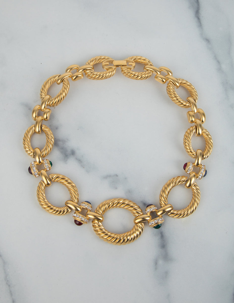 Givenchy Vintage Golden Twisted Link Multicolor Gem Necklace and