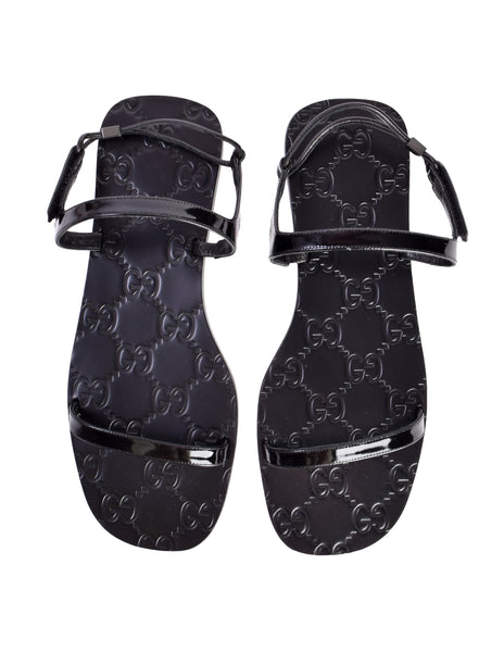 Gucci Vintage Tom Ford Era Black Monogram Patent Leather Flat Sandals