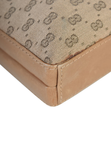 Gucci Vintage Light Brown Micro GG Monogram Canvas and Leather Hard Case Clutch with Crossbody Strap
