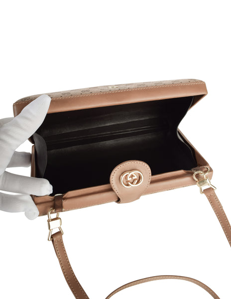 Gucci Vintage Light Brown Micro GG Monogram Canvas and Leather Hard Case Clutch with Crossbody Strap