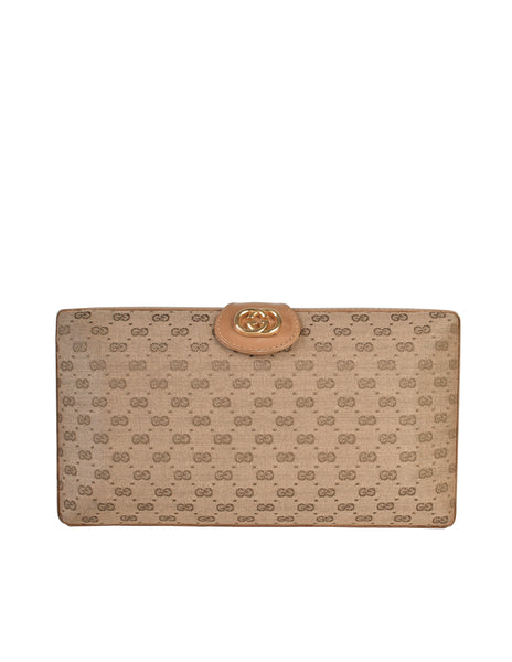 Gucci Vintage Light Brown Micro GG Monogram Canvas and Leather Hard Case Clutch with Crossbody Strap