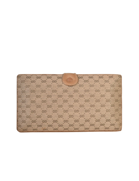 Gucci Vintage Light Brown Micro GG Monogram Canvas and Leather Hard Case Clutch with Crossbody Strap