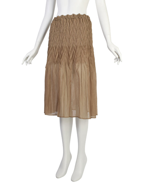 Issey Miyake Fete Vintage Semi-Sheer Brown Weather Symbols Pleated Skirt