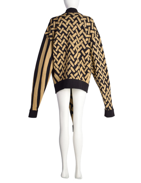 Issey Miyake Vintage AW 1986 Men's Rare Light Brown Black Striped and Spotted 3 Arm Wool Sweater
