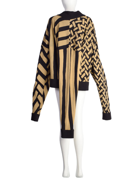 Issey Miyake Vintage AW 1986 Men's Rare Light Brown Black Striped and Spotted 3 Arm Wool Sweater