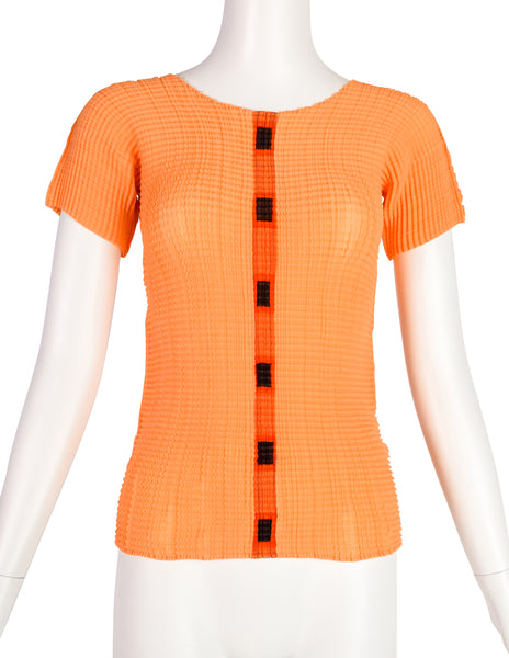 Issey Miyake Vintage Tangerine Geometric Stripe Pleated T-Shirt Top