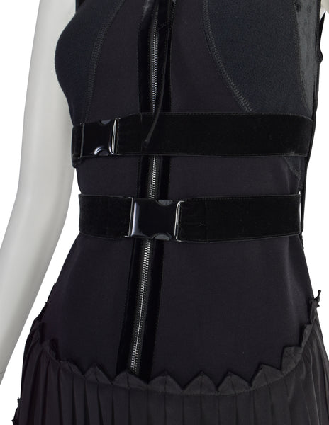 Jean Paul Gaultier Vintage Black Tech Neoprene Velvet Silk Belted Dress