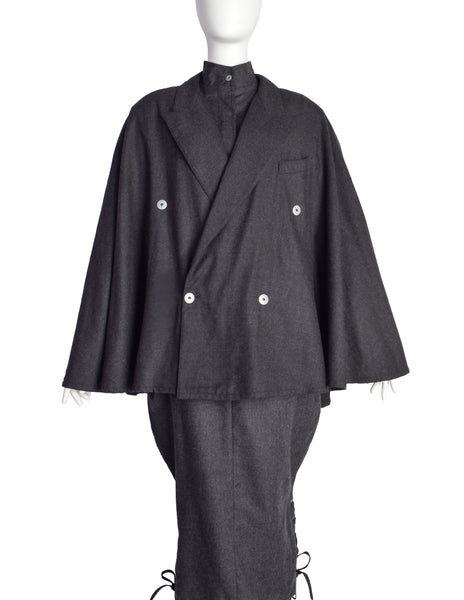 Jean Paul Gaultier Vintage AW 1984 Charcoal Grey Wool Dress and Cape Ensemble Set