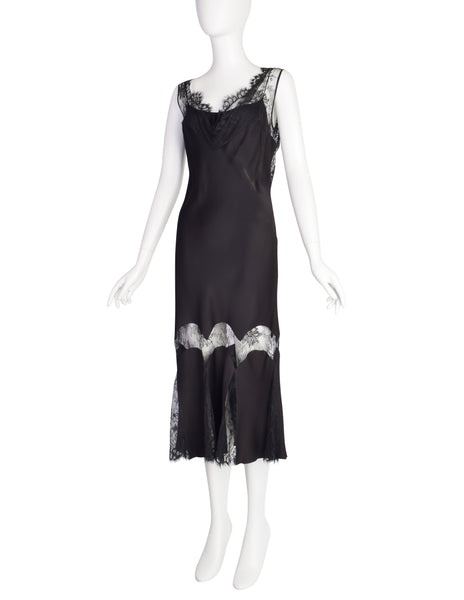 John Galliano Vintage AW2003 Black Hammered Satin Draping Lace Bias Dress