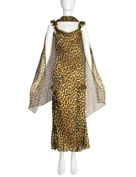 John Galliano Vintage AW2002 Leopard Print Silk Chiffon Ruffle Bias Gown with Matching Shawl