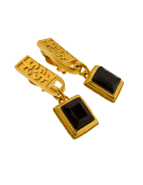 Karl Lagerfeld Vintage Brushed Gold Fleur de Lis Bar and Black Glass Dangle Earrings