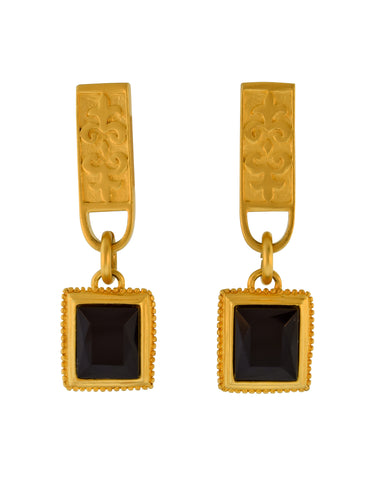 Karl Lagerfeld Vintage Brushed Gold Fleur de Lis Bar and Black Glass Dangle Earrings