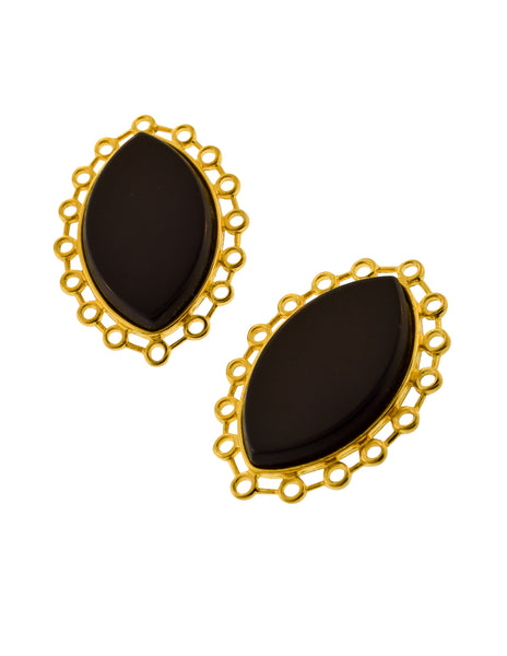 Karl Lagerfeld Vintage Massive Gold Framed Black Cabochon Portrait Statement Earrings