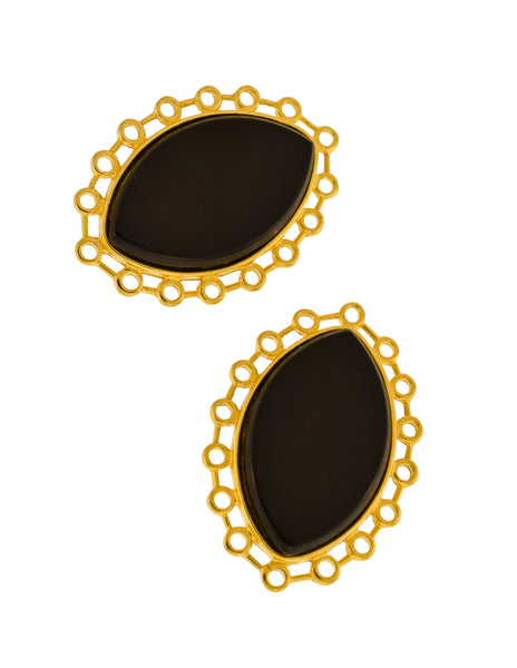 Karl Lagerfeld Vintage Massive Gold Framed Black Cabochon Portrait Statement Earrings