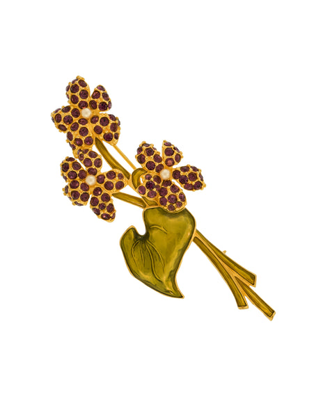 Karl Lagerfeld Vintage Purple Gold Green Rhinestone Enamel Flower Brooch Pin