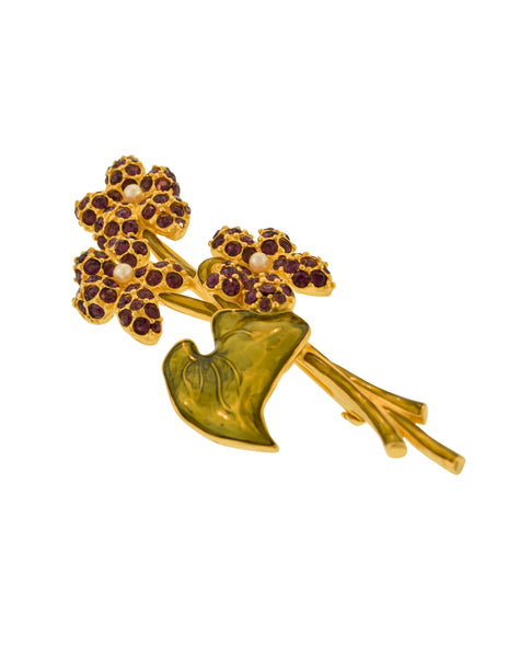 Karl Lagerfeld Vintage Purple Gold Green Rhinestone Enamel Flower Brooch Pin