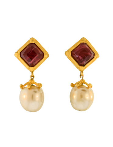 Karl Lagerfeld Vintage Brushed Gold Marbled Red Glass Dangling Pearl Earrings