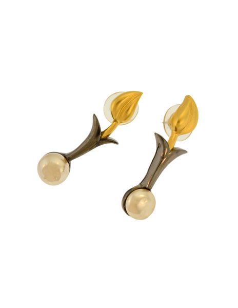 Karl Lagerfeld Vintage Brushed Gold and Gunmetal Leaf and Pearl Earrings