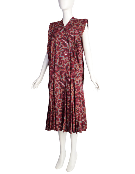 Kenzo Vintage SS 1985 Burgundy Grey Floral Pleated Cotton Jacquard Dress