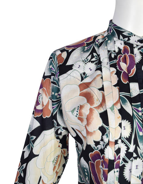Kenzo Vintage 1980s Black Multicolor Floral Pleated Cotton Shirt