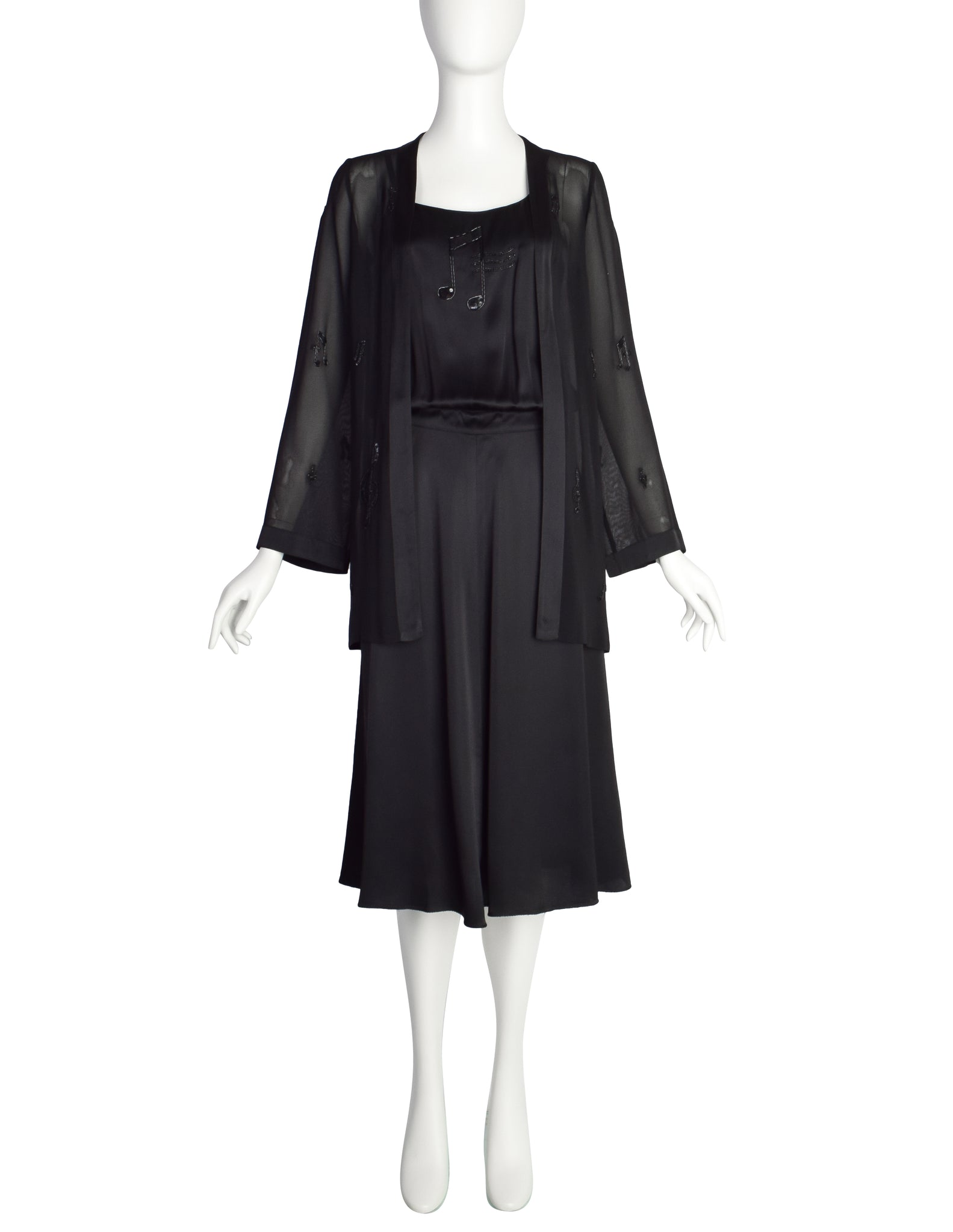 Krizia Vintage 1970s Black Sequin and Beaded Music Note Embellished Silk Dress and Duster Ensemble