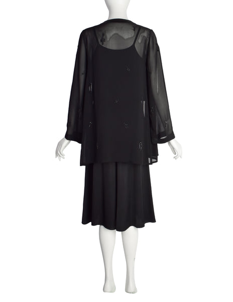 Krizia Vintage 1970s Black Sequin and Beaded Music Note Embellished Silk Dress and Duster Ensemble