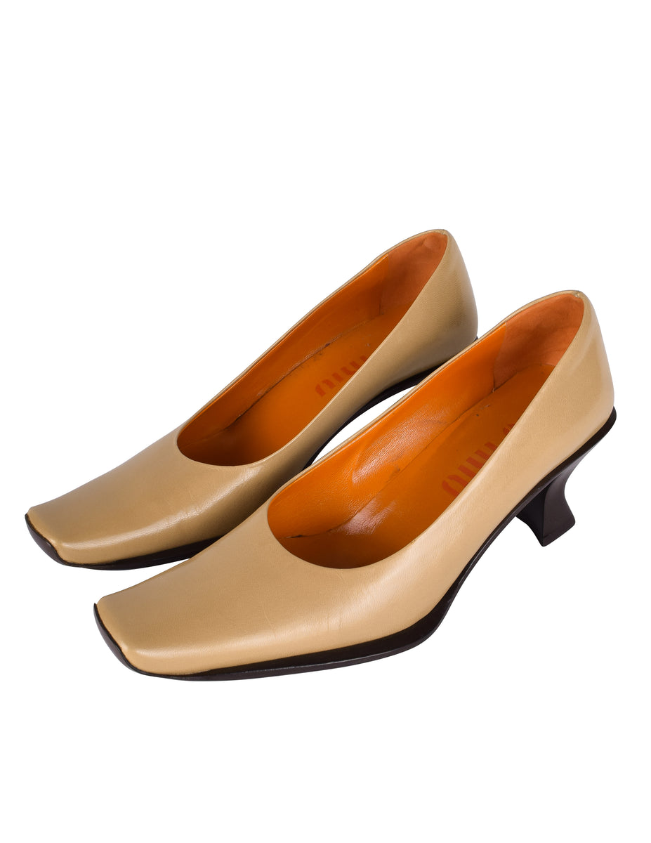 Miu Miu Vintage 1990s Beige and Brown Leather Square Toe Pumps