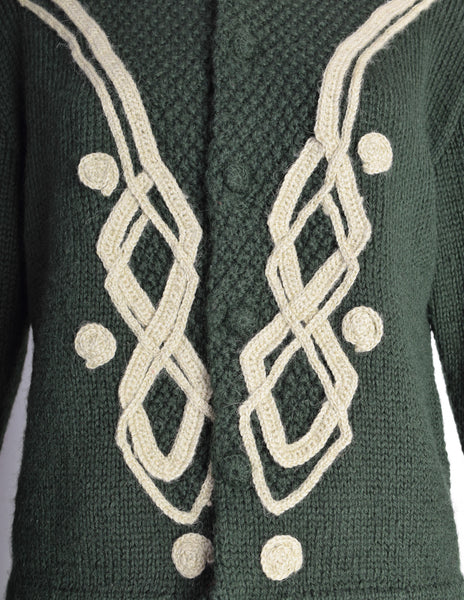 Mitsuhiro Matsuda Vintage 1980s Forest Green Applique Knit Cardigan Sweater