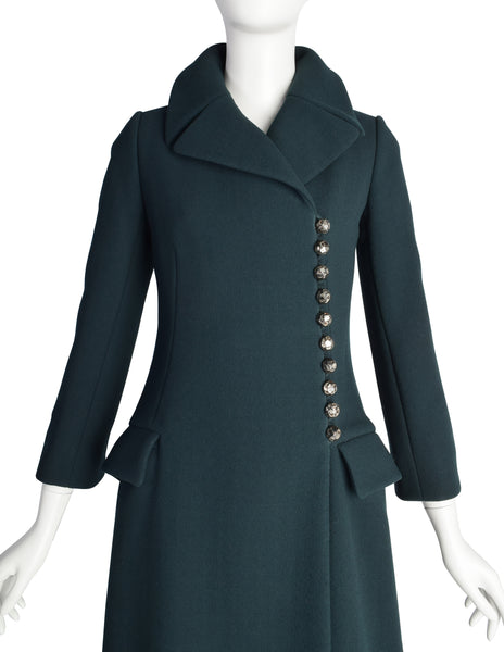 Pauline Trigere Vintage 1960s Mod Deep Green Wool Structured Full Length Coat