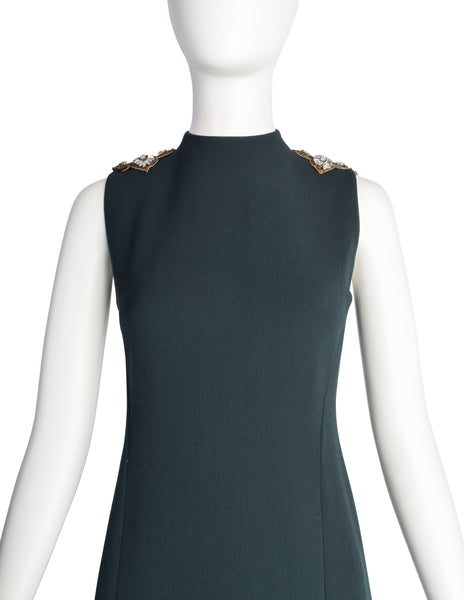 Pauline Trigere Vintage 1960s Mod Deep Green Wool Backless Embellished Shoulder Gown