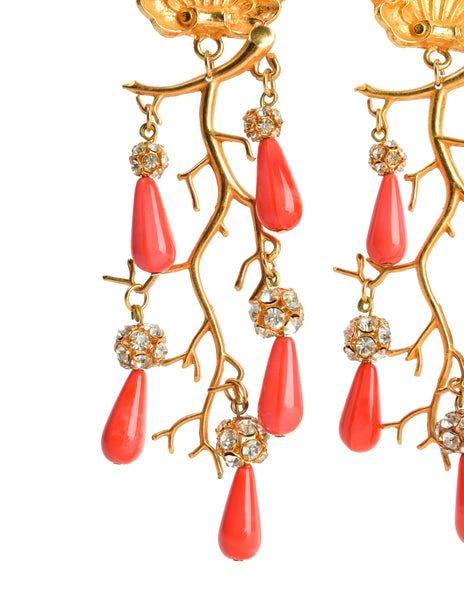 Philippe Ferrandis Vintage Gold Aquatic Shell Branch Coral Drop Rhinestone Oversized Statement Earrings