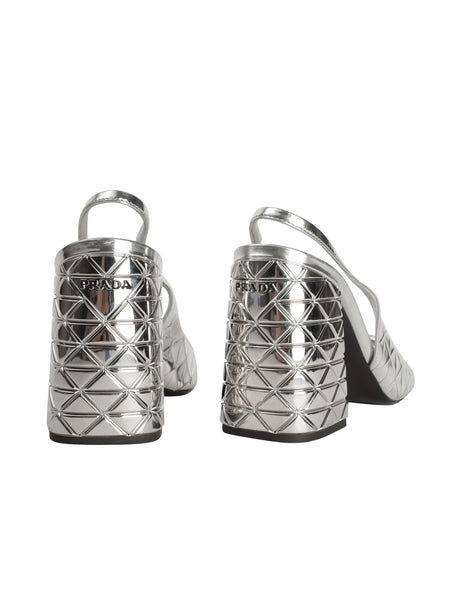 Prada 2022 Metallic Silver Leather Triangle Inlay Mirrored Square Toe Slingback Block Heels