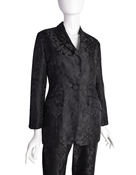 Romeo Gigli Vintage Estate 1996 Black Silk Jacquard Floral Damask Two Piece Jacket and Pant Suit