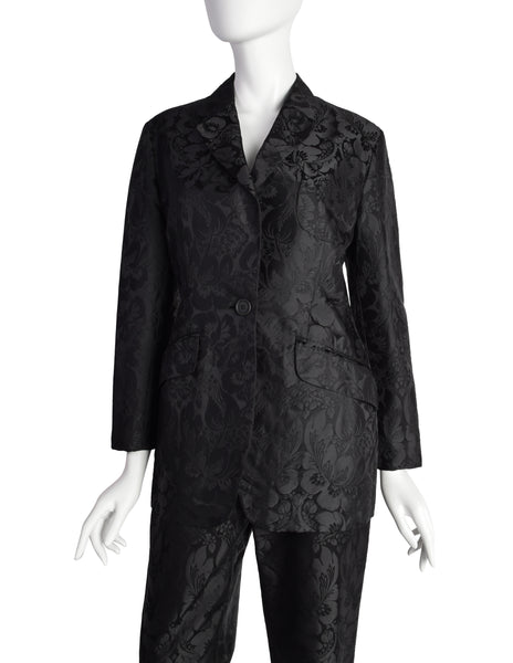 Romeo Gigli Vintage Estate 1996 Black Silk Jacquard Floral Damask Two Piece Jacket and Pant Suit