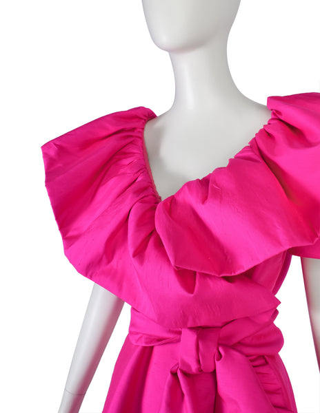 Richilene Vintage Hot Fuchsia Pink Raw Silk Dramatic Ruffle Surplice Dress
