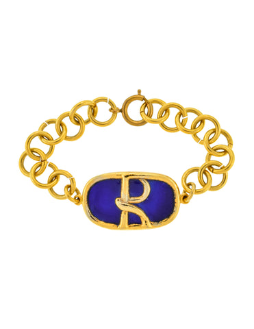 Roberta di Camerino Vintage 1970s Golden Blue Enamel R Logo Chain Bracelet