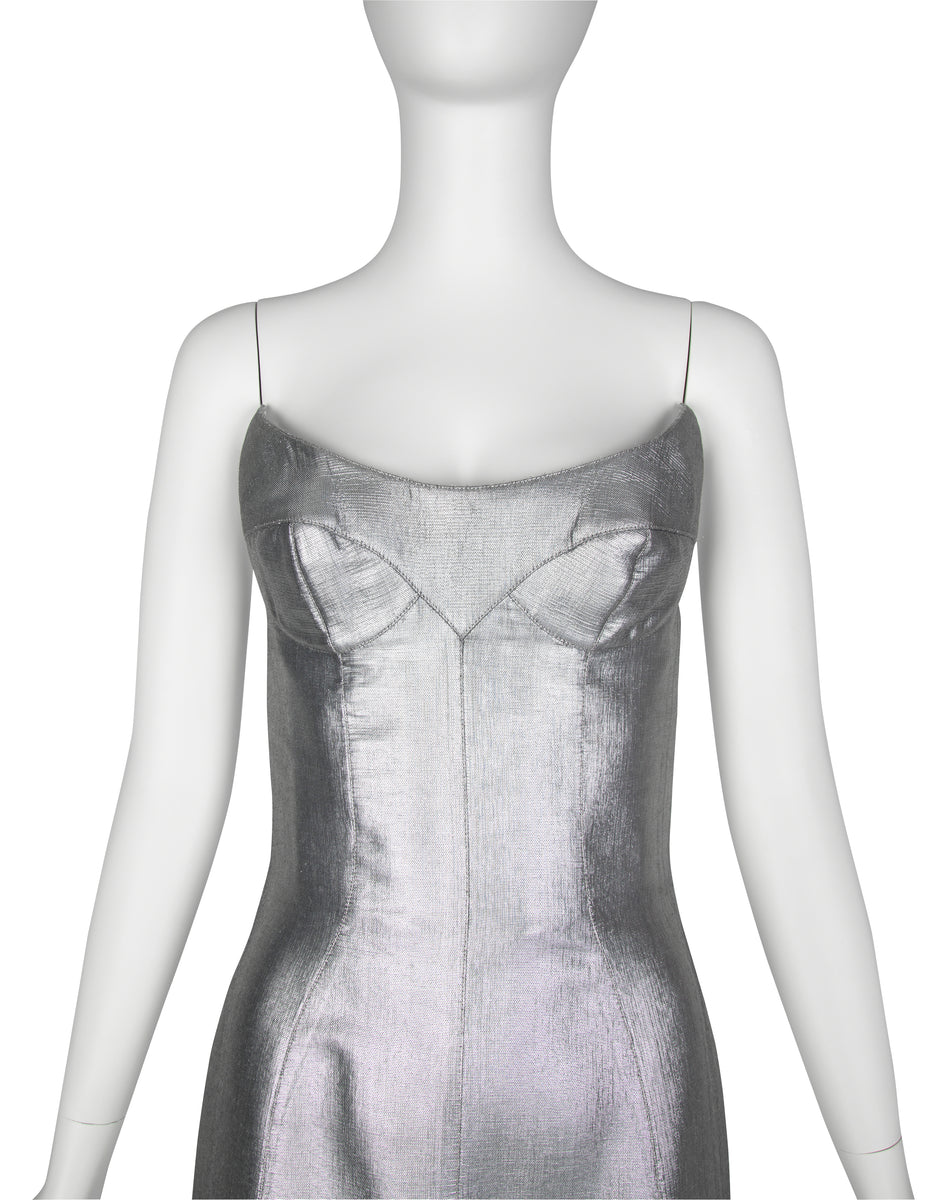 silver lame mini dress Thierry Mugler Couture Vintage Metallic Silver Pointed Bust Mini Dress
