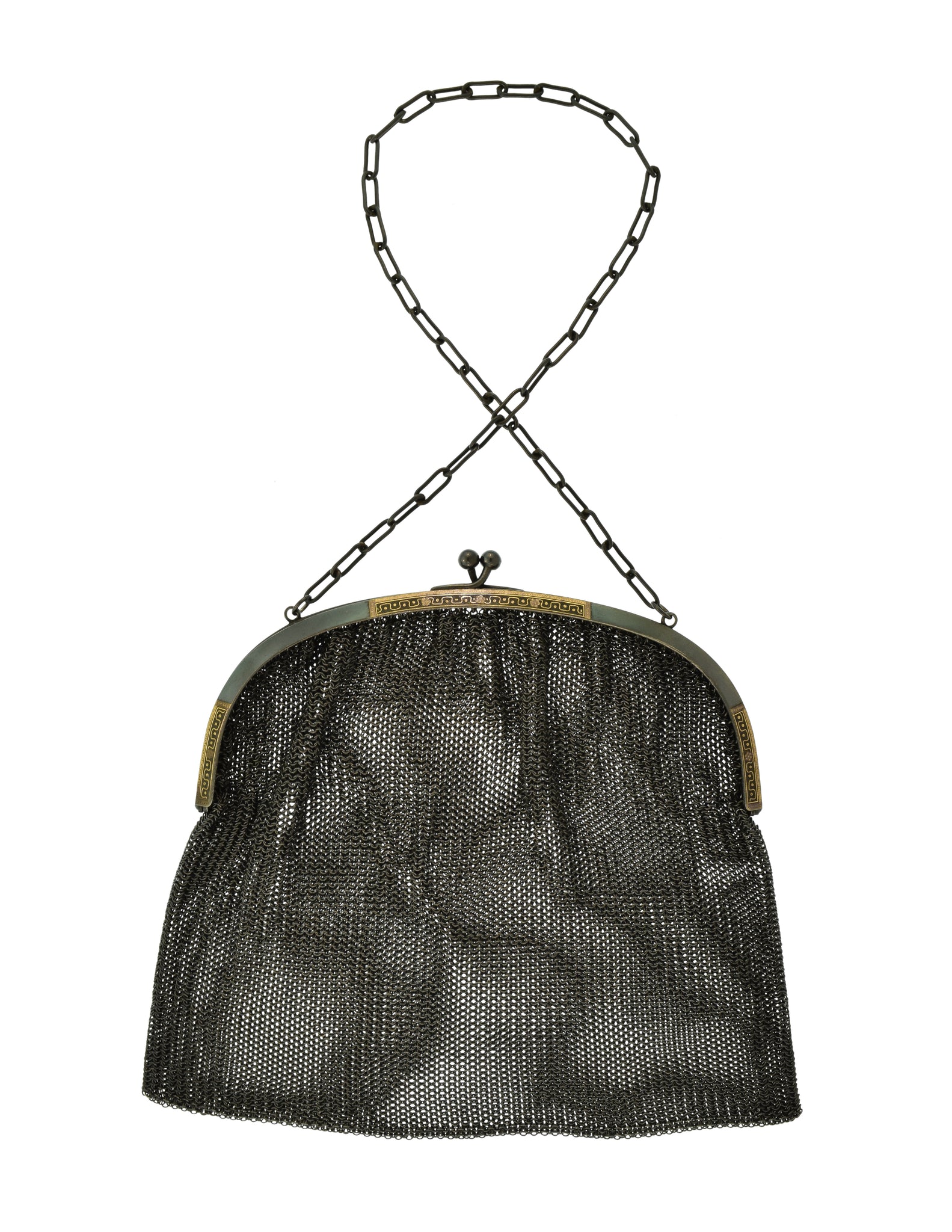 Vintage 1930s Blackened Charcoal Grey Chainmail Metal Mesh Gold Embossed Kiss Lock Handbag