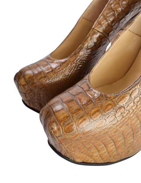 Vivienne Westwood Vintage 1990s Original Greenish-Brown Croc Embossed Leather Elevated Court Shoes