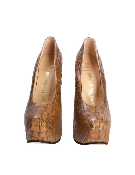 Vivienne Westwood Vintage 1990s Original Greenish-Brown Croc Embossed Leather Elevated Court Shoes
