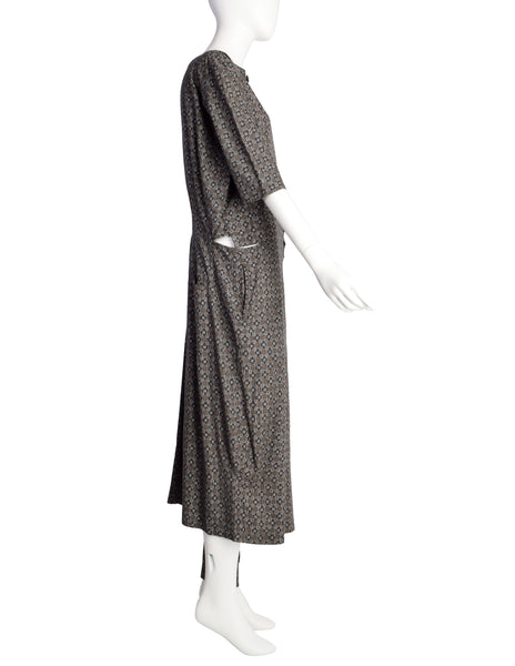 Yohji Yamamoto SS 1984 Brown Green Blue Patterned Cotton Dress with Single Leg