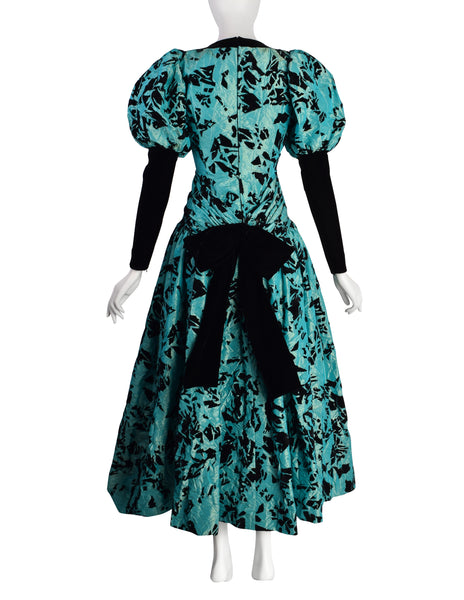 Yves Saint Laurent Vintage Haute Couture AW 1984 Black and Green Velvet Flocked Crinkled Silk Taffeta Gown