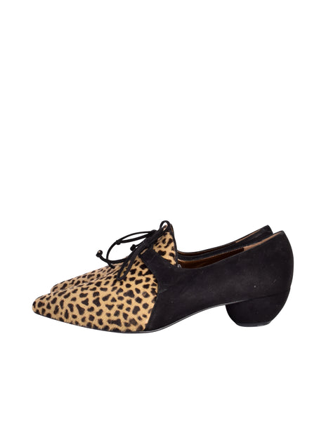 Yves Saint Laurent Vintage 1990s Animal Print Pony Hair and Black Suede Oxford Shoes