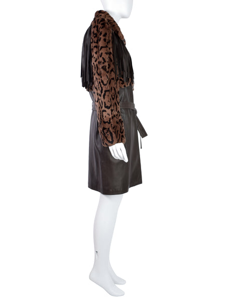 Yves Saint Laurent Vintage 1980s Lambskin Leather Leopard Fur Fringe Western Inspired Coat