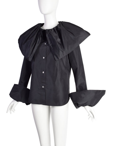 Yohji Yamamoto Vintage Black Silk Faille Huge Queen's Collar Button Up Blouse