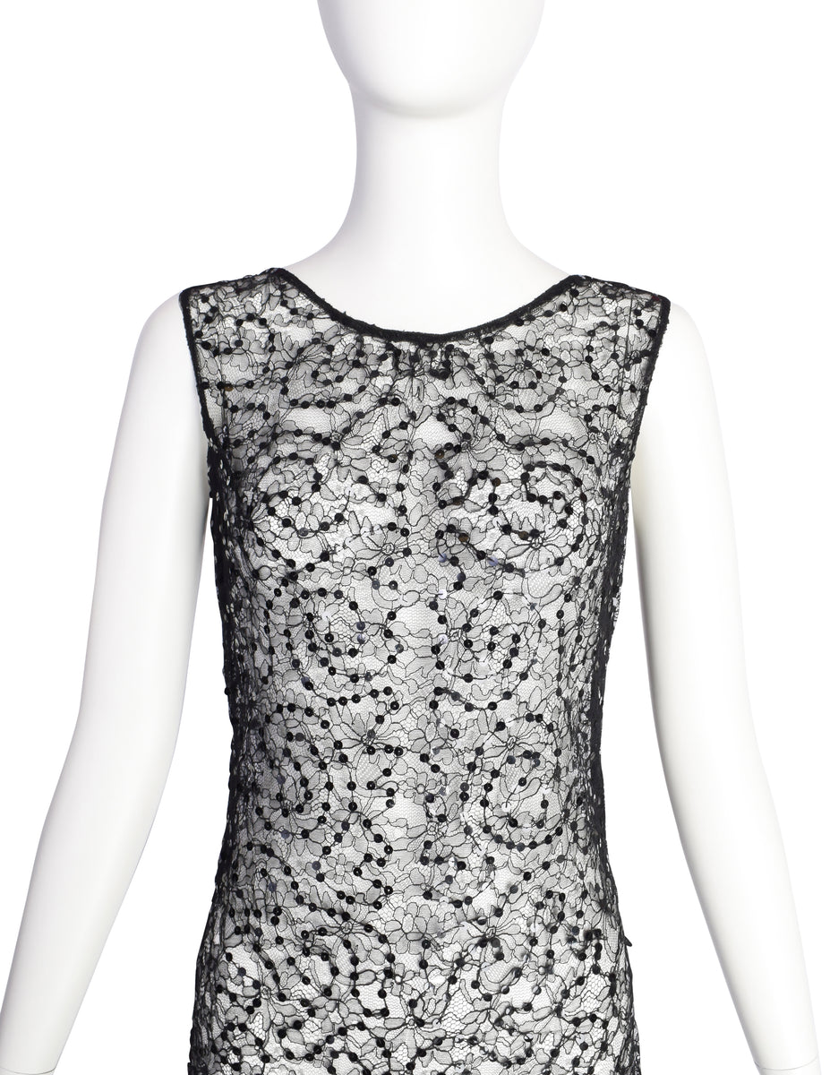 Vintage 1930s Sheer Black Chantilly Lace Sequin Bow Detail Full Length –  Amarcord Vintage Fashion