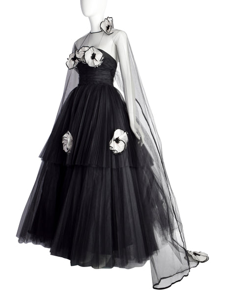 Vintage 1950s Couture Black Pleated Tulle with Flowers Strapless Gown
