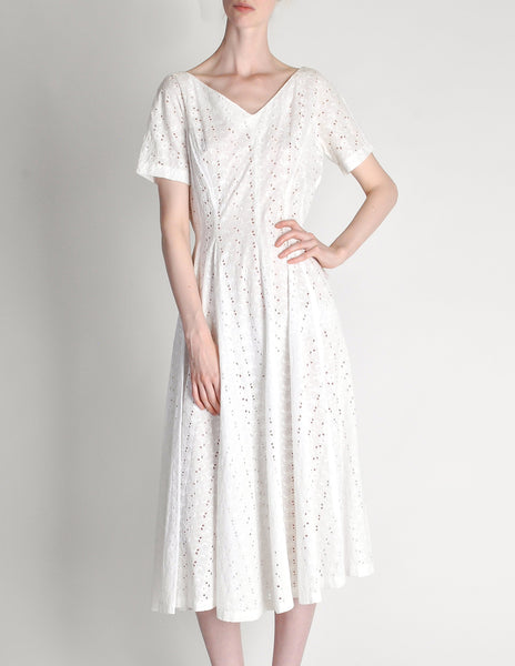 Vintage 1950s White Embroidered Eyelet Full Skirt Dress