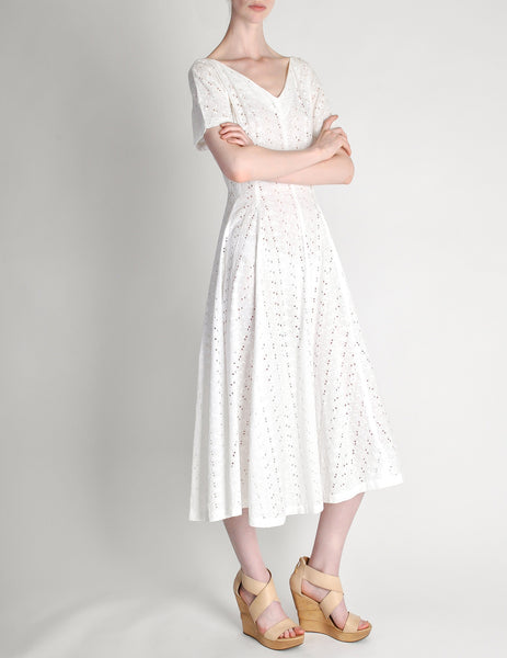 Vintage 1950s White Embroidered Eyelet Full Skirt Dress