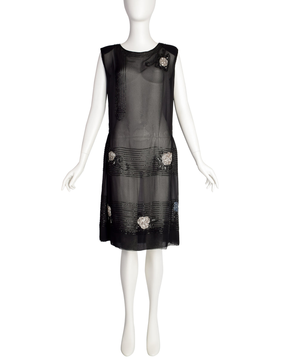 Abby Fredelle Vintage 80s Does 20s Black Sheer Silk Chiffon Beaded Flapper Style Dress Abby Fredelle Vintage 80s Does 20s Black Sheer Silk Chiffon Beaded Flapper Style Dress